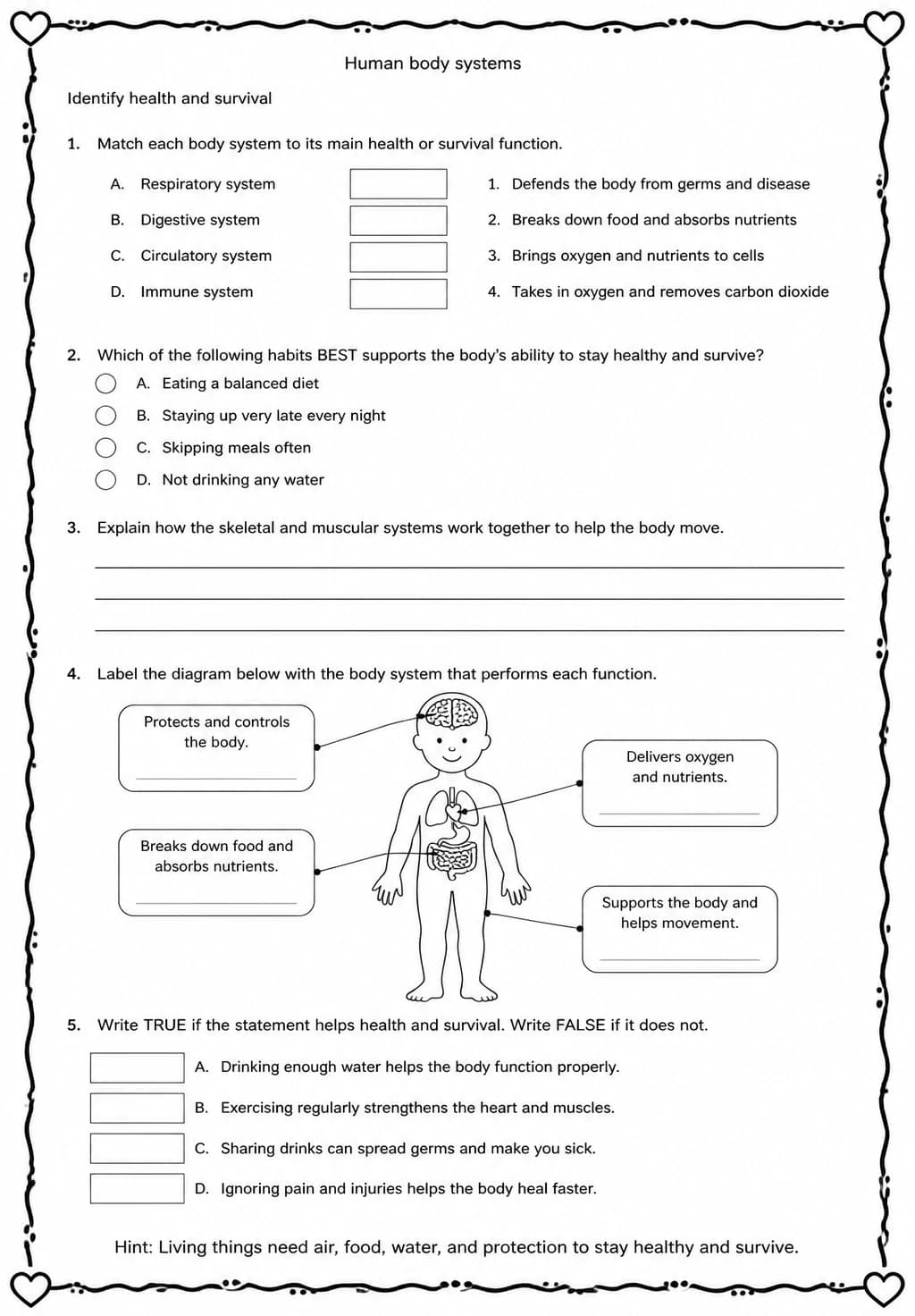 Identify health and survival — free printable Grade 5 Science worksheet