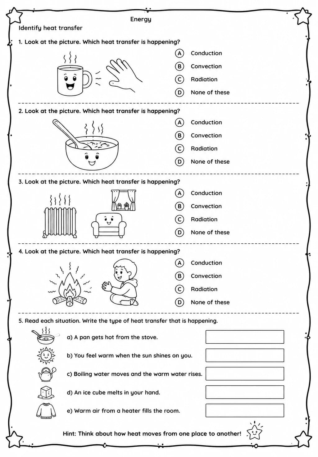 Identify heat transfer — free printable Grade 3 Science worksheet