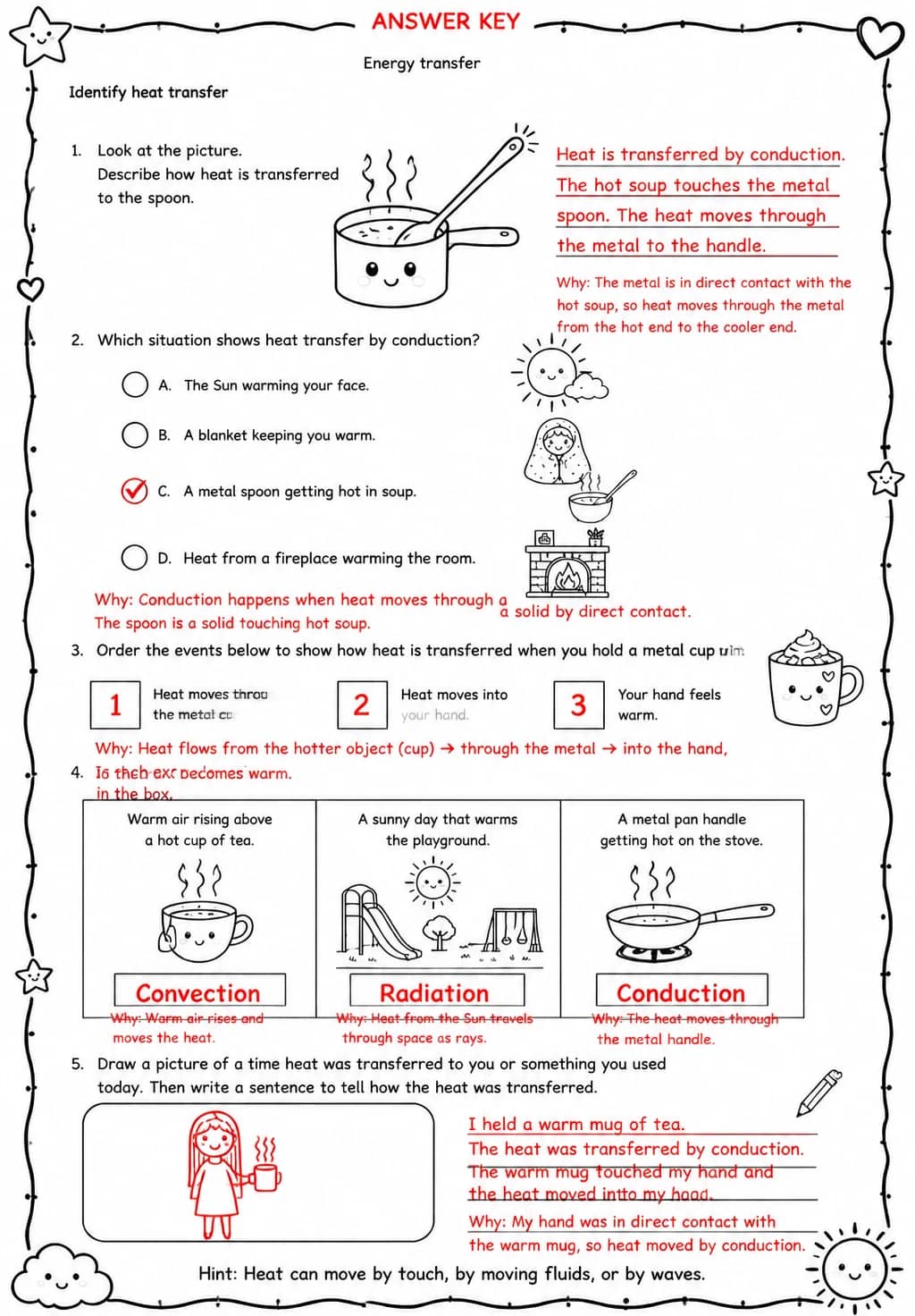 Answer key for Identify heat transfer — free printable Science worksheet