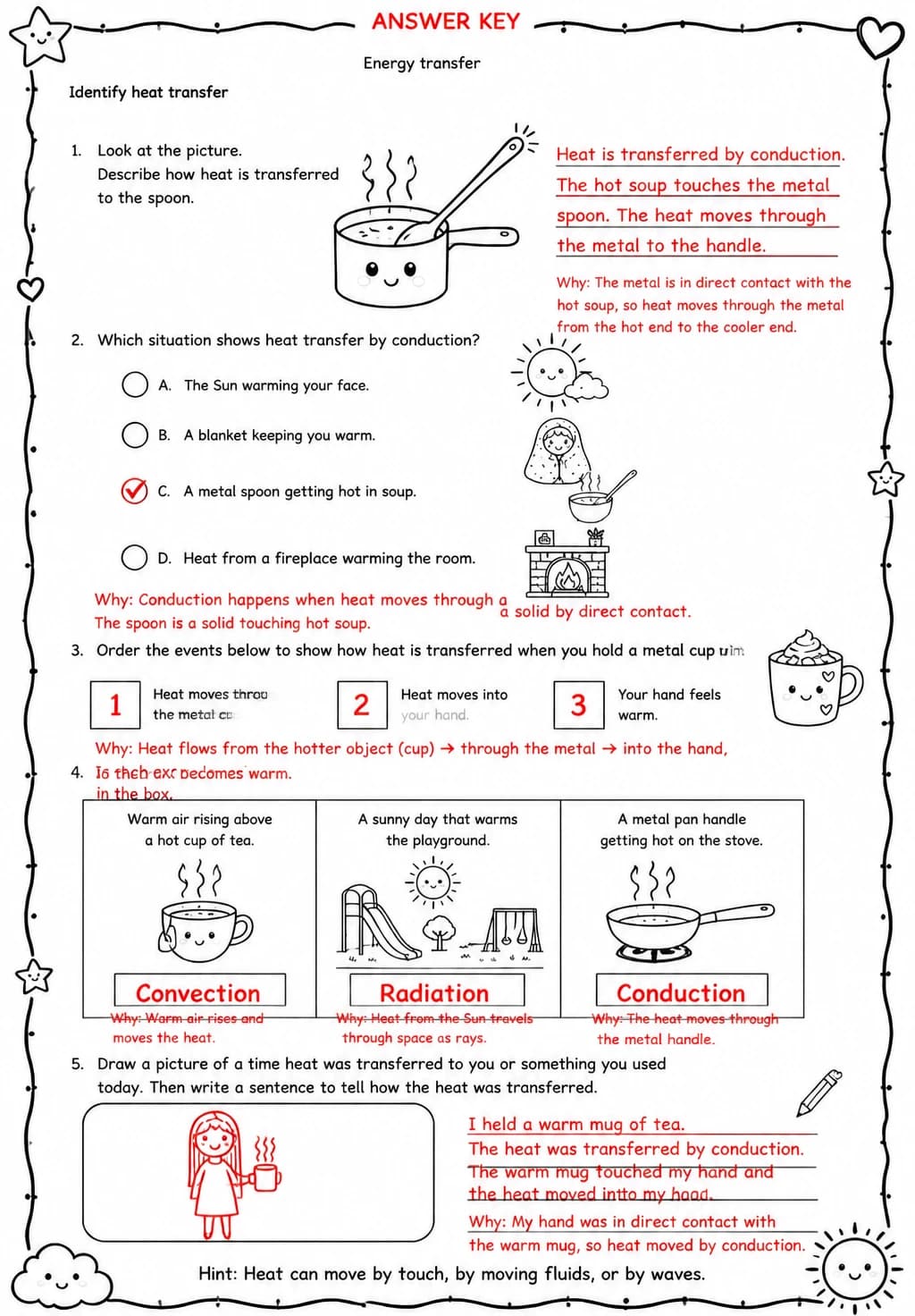 Answer key for Identify heat transfer — free printable Science worksheet