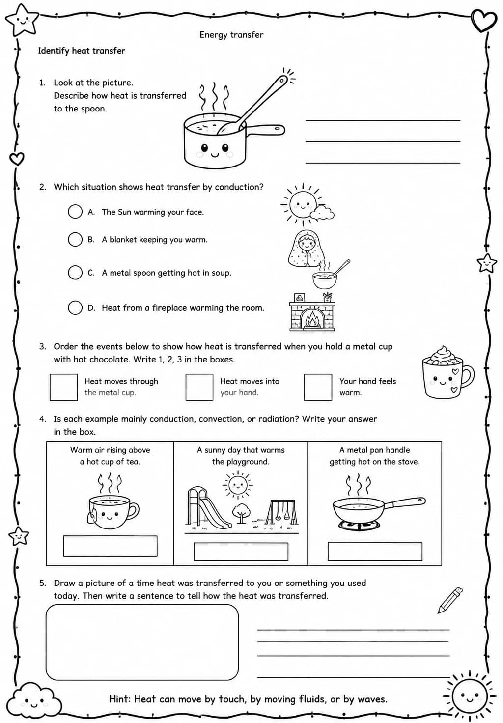 Identify heat transfer — free printable Grade 4 Science worksheet