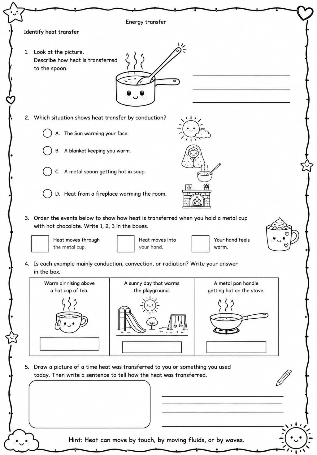 Identify heat transfer — free printable Grade 4 Science worksheet