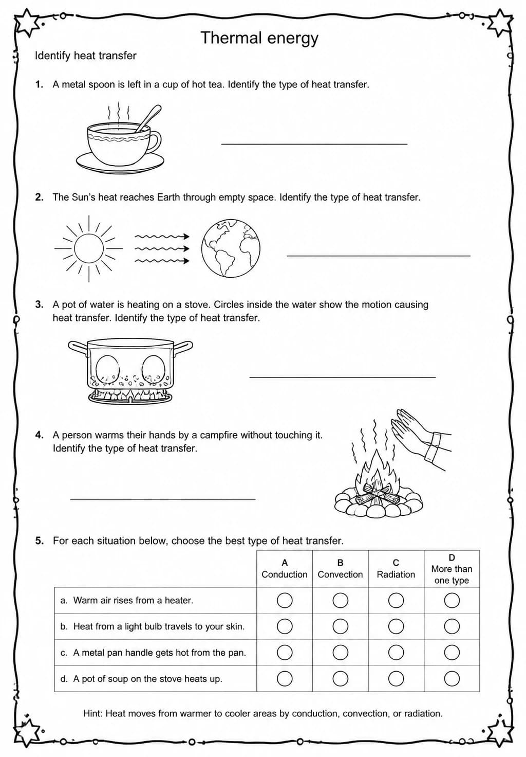 Identify heat transfer — free printable Middle School Science worksheet