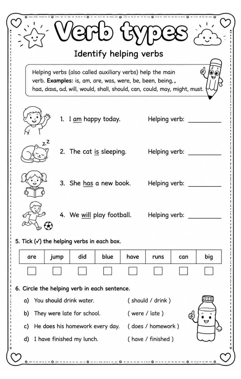 Identify helping verbs — free printable Grade 2 English & Reading worksheet