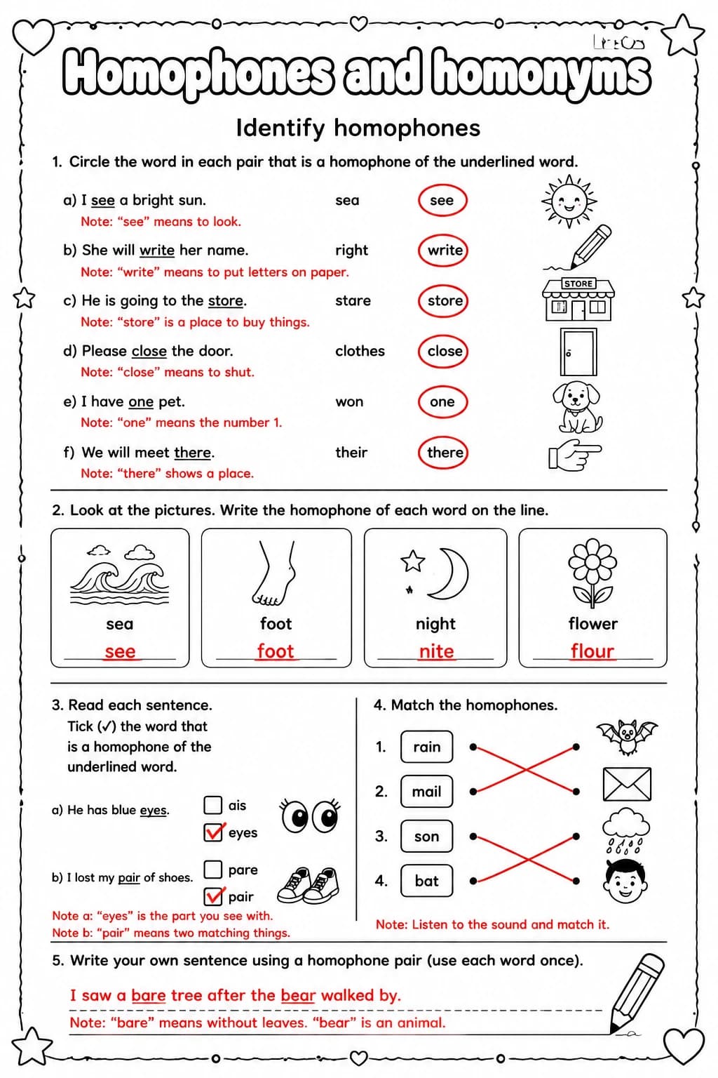 Answer key for Identify homophones — free printable English & Reading worksheet