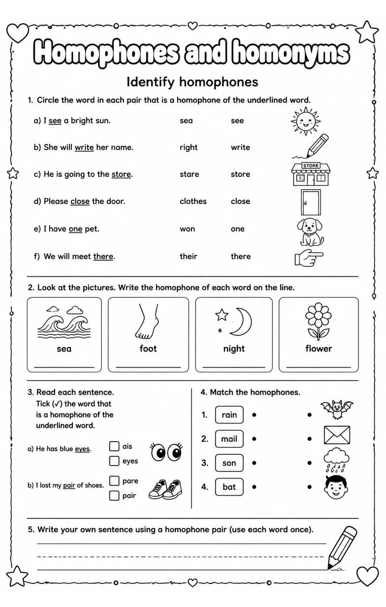 Identify homophones — free printable Vocabulary English worksheet