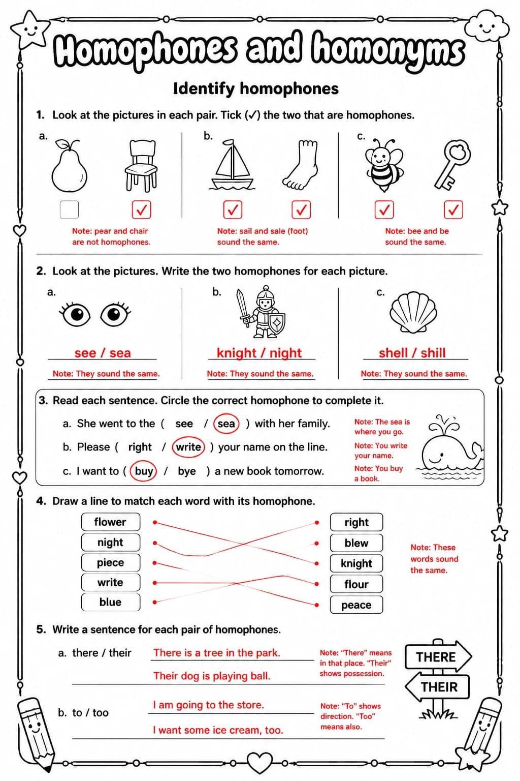 Answer key for Identify homophones — free printable English & Reading worksheet