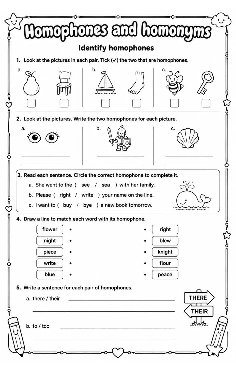 Identify homophones — free printable Grade 3 English & Reading worksheet