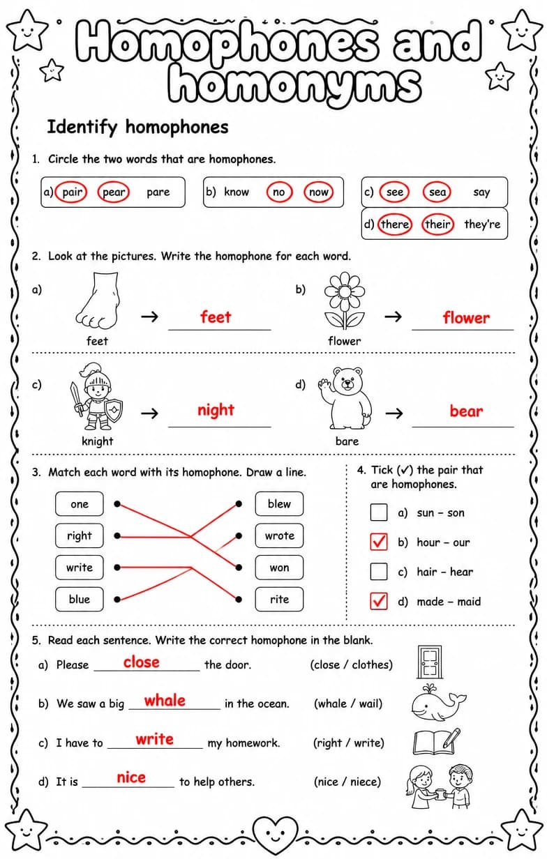 Answer key for Identify homophones — free printable English & Reading worksheet