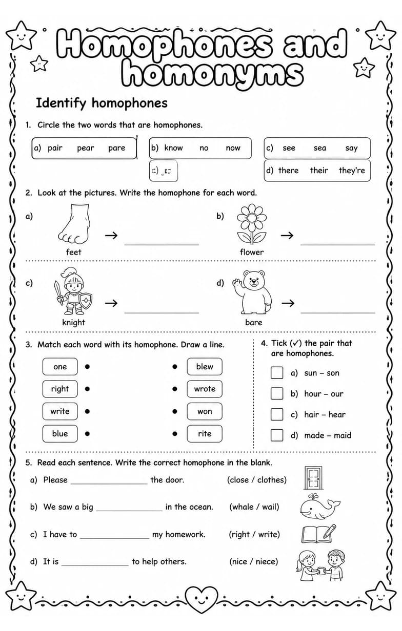 Identify homophones — free printable Grade 4 English & Reading worksheet