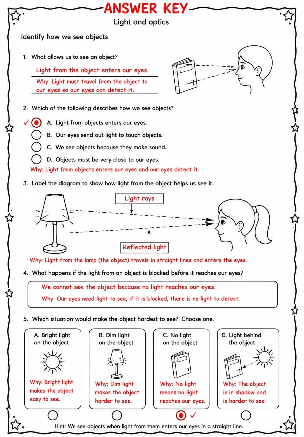 Answer key for Identify how we see objects — free printable Science worksheet