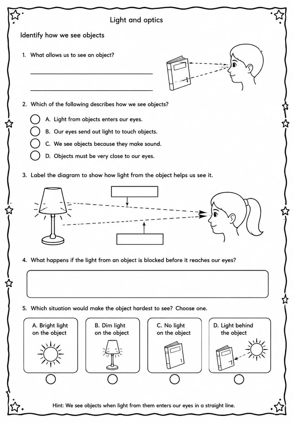 Identify how we see objects — free printable High School Science worksheet