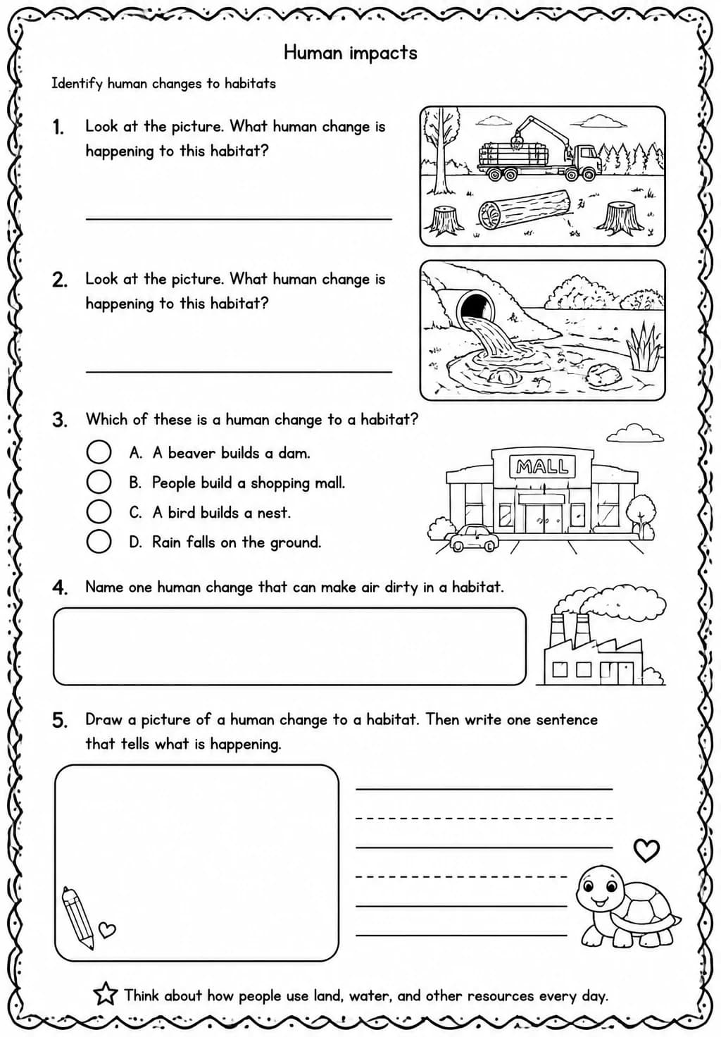 Identify human changes to habitats — free printable Grade 2 Science worksheet