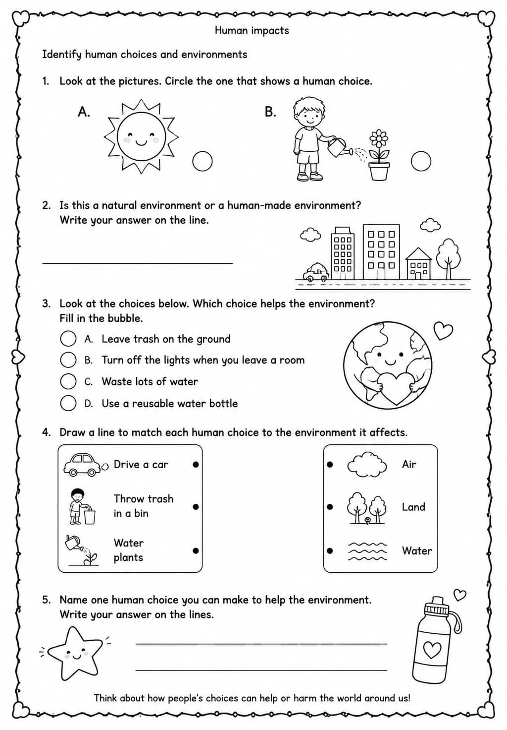 Identify human choices and environments — free printable Grade 1 Science worksheet