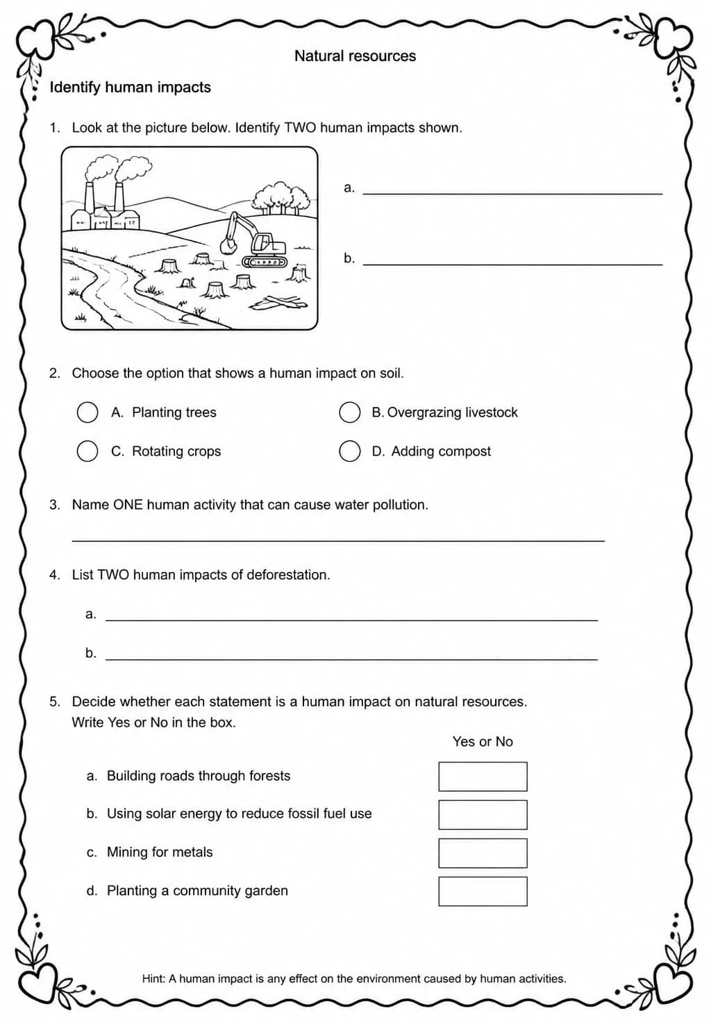 Identify human impacts — free printable Middle School Science worksheet