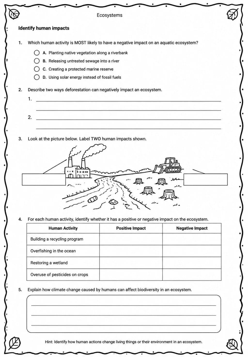 Identify human impacts — free printable Middle School Science worksheet