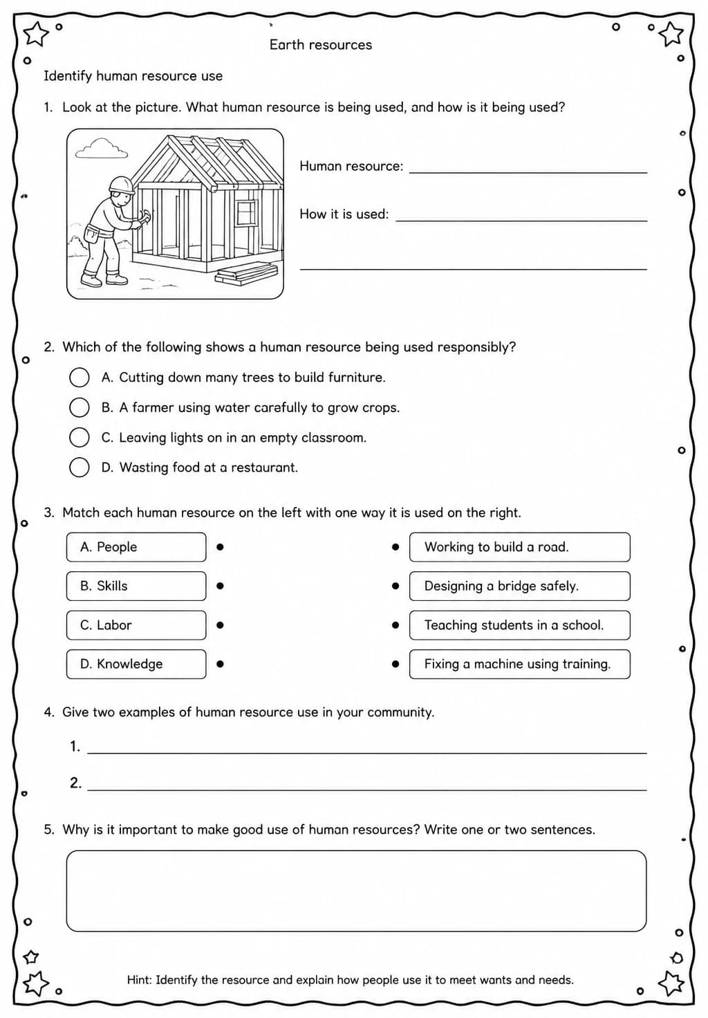 Identify human resource use — free printable Grade 5 Science worksheet