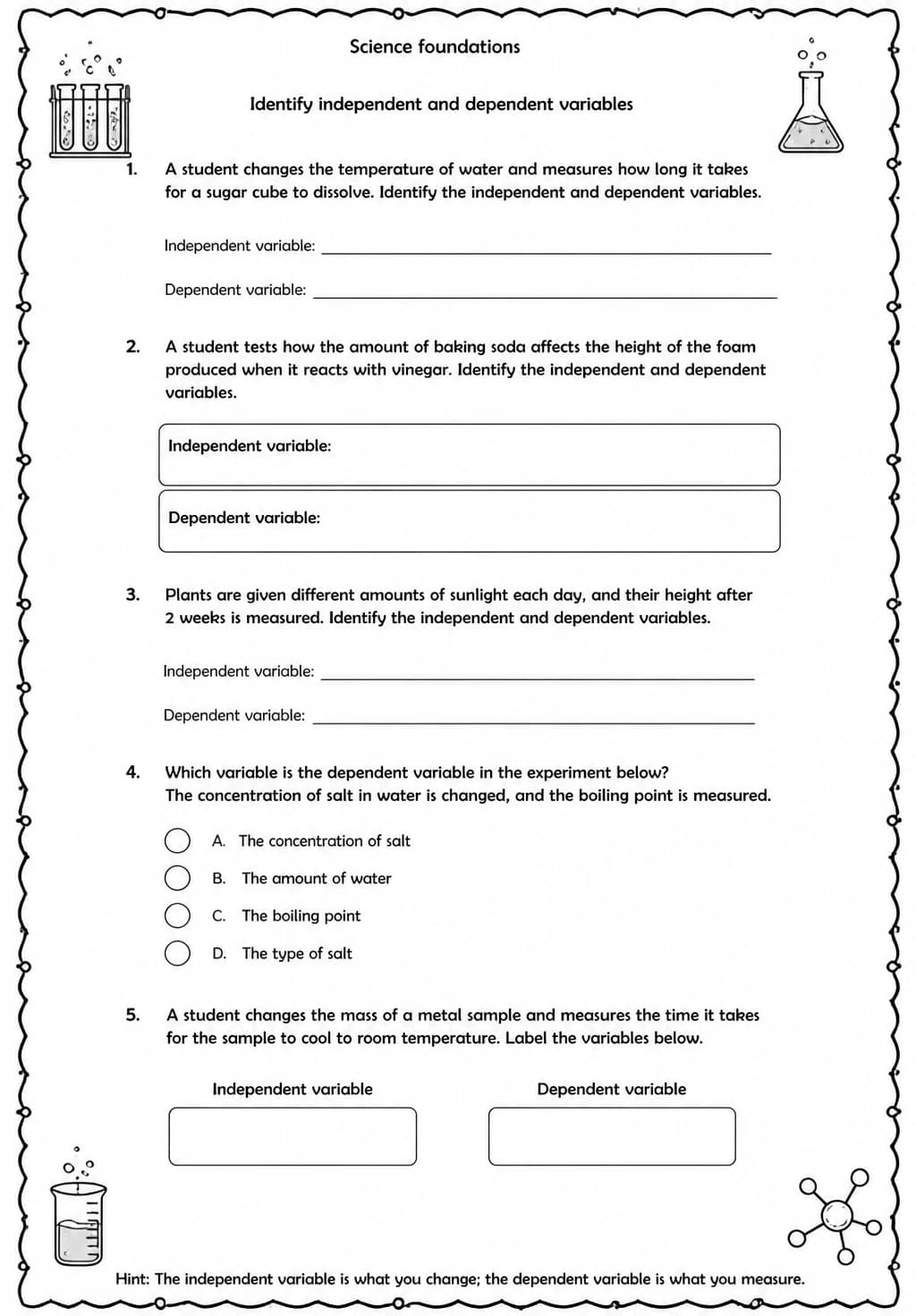 Identify independent and dependent variables — free printable High School Science worksheet