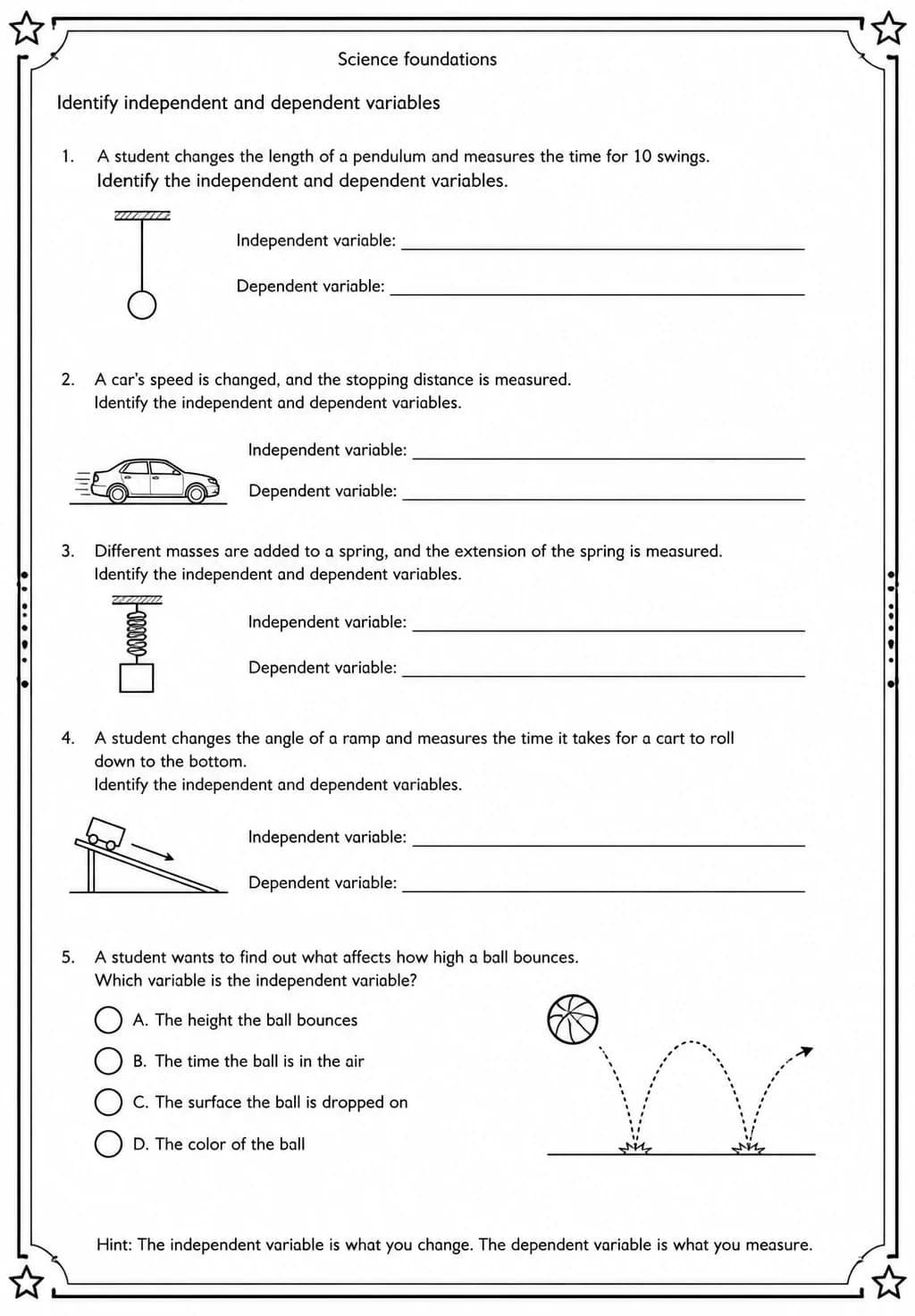 Identify independent and dependent variables — free printable High School Science worksheet