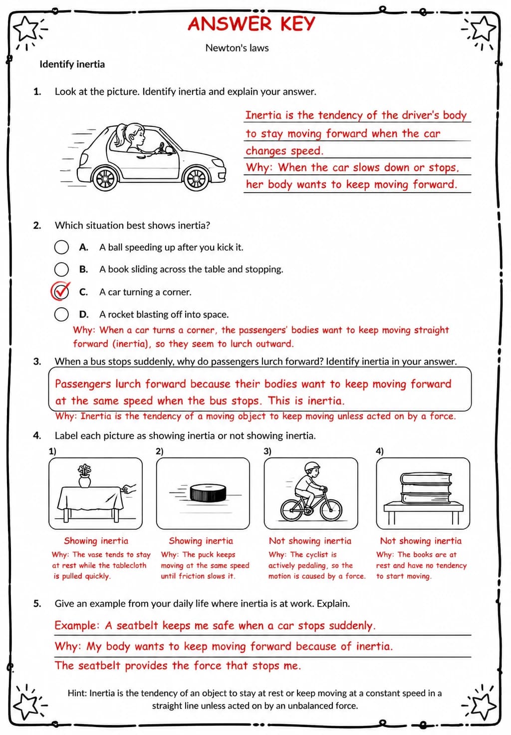 Answer key for Identify inertia — free printable Science worksheet