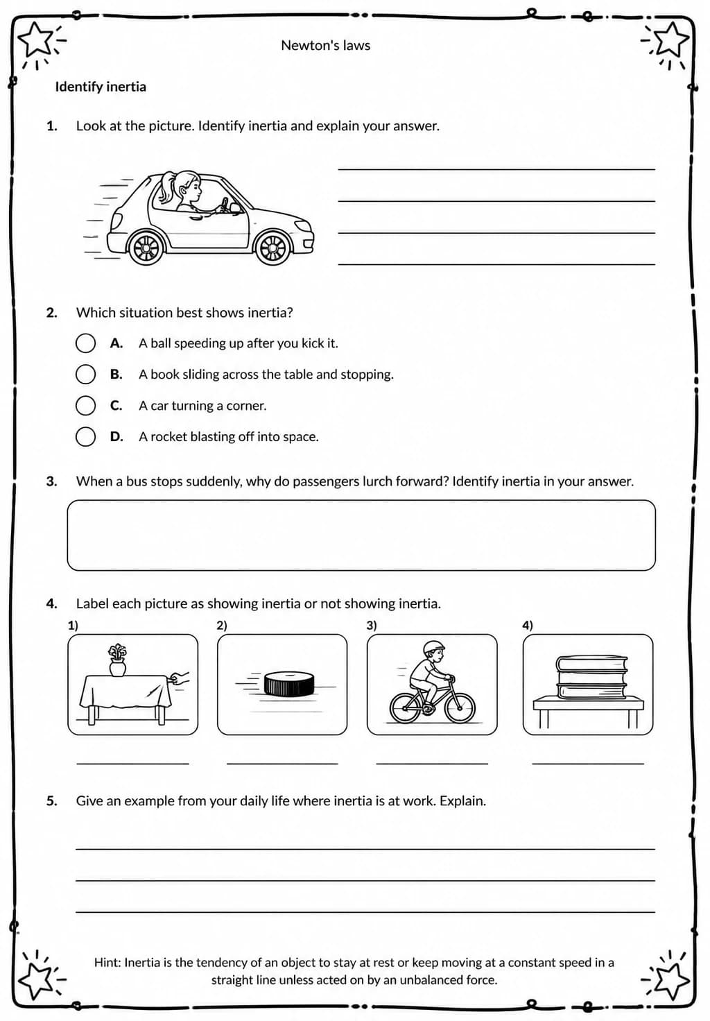 Identify inertia — free printable Middle School Science worksheet