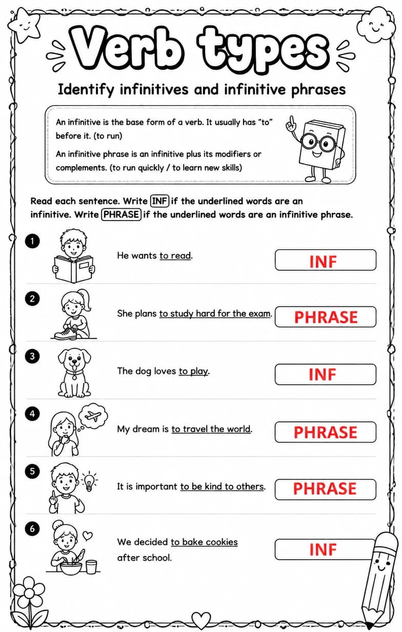 Answer key for Identify infinitives and infinitive phrases — free printable English & Reading worksheet