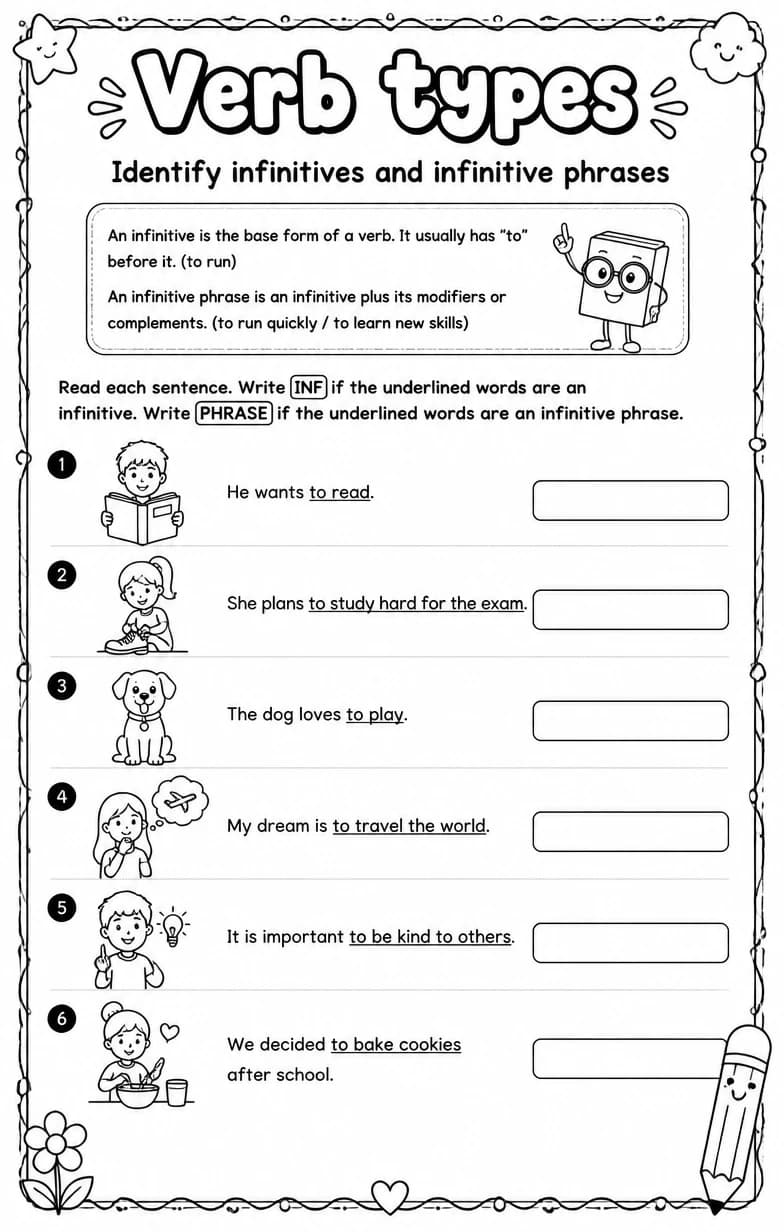 Identify infinitives and infinitive phrases — free printable Grammar and mechanics English worksheet