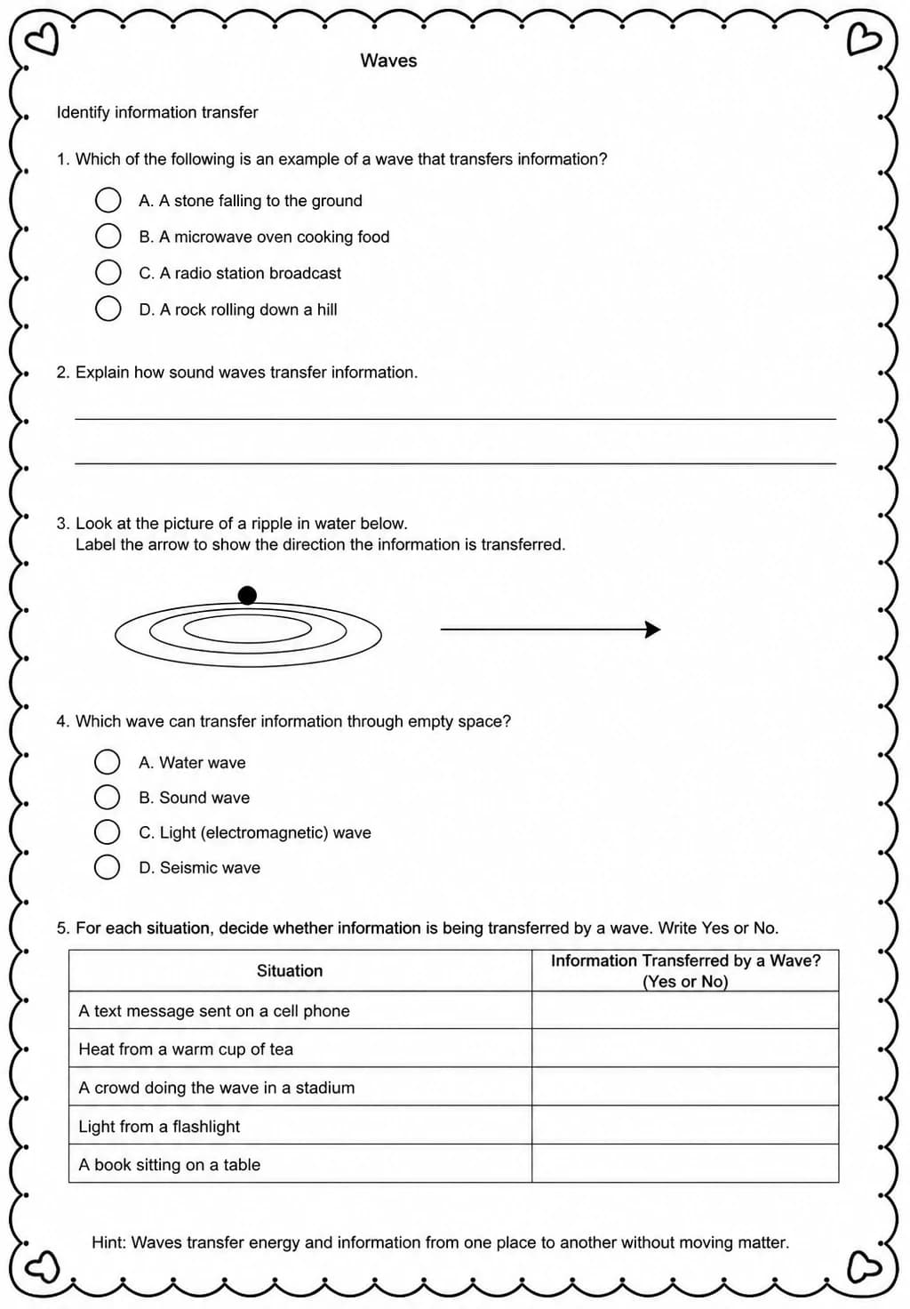 Identify information transfer — free printable Middle School Science worksheet