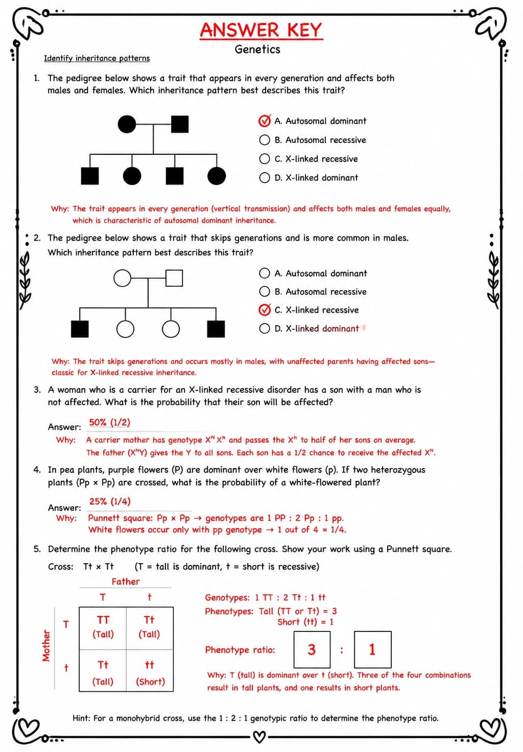 Answer key for Identify inheritance patterns — free printable Science worksheet