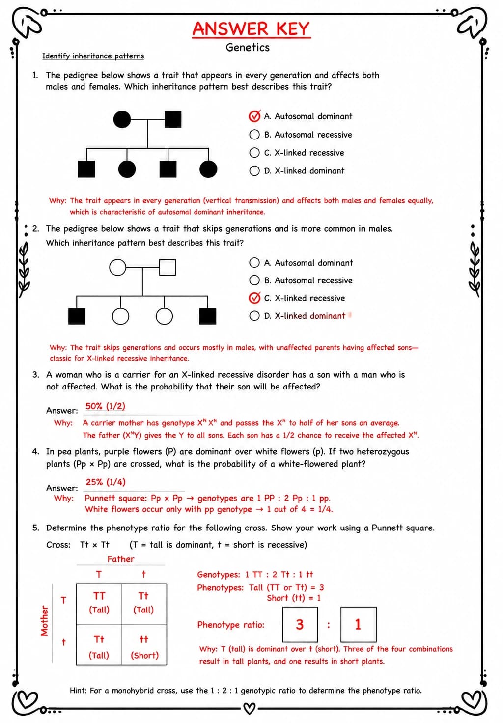 Answer key for Identify inheritance patterns — free printable Science worksheet