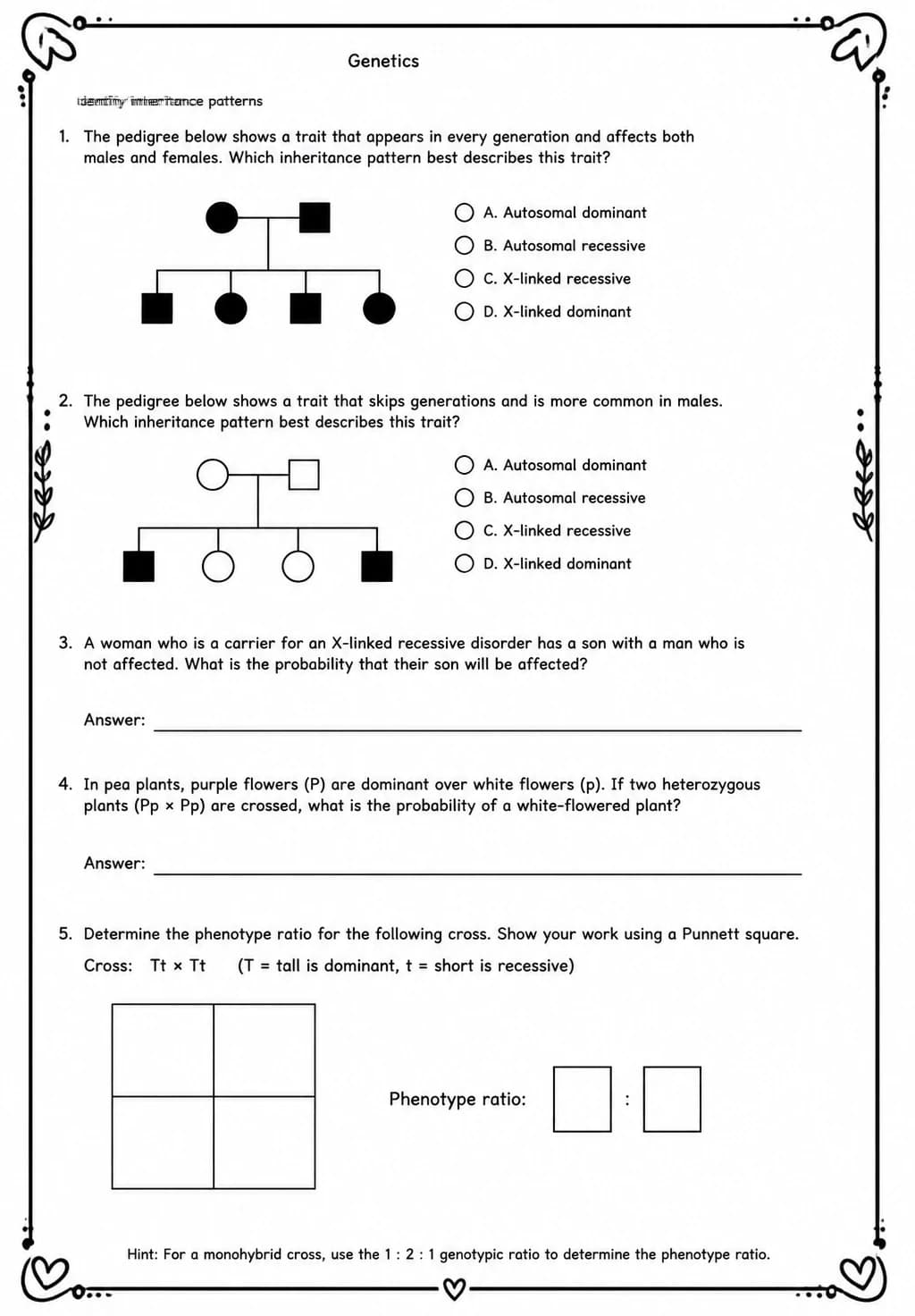 Identify inheritance patterns — free printable High School Science worksheet