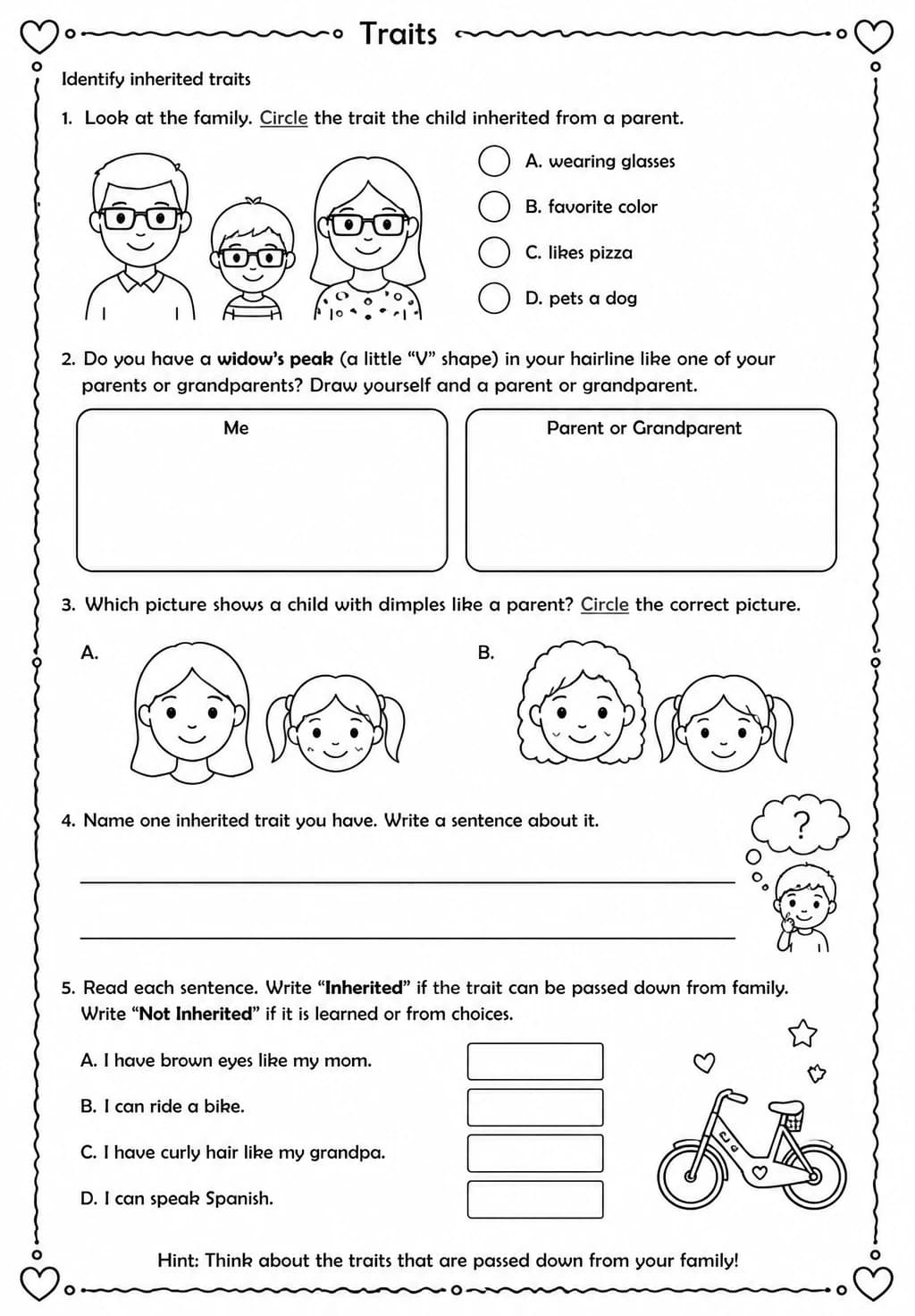 Identify inherited traits — free printable Grade 2 Science worksheet