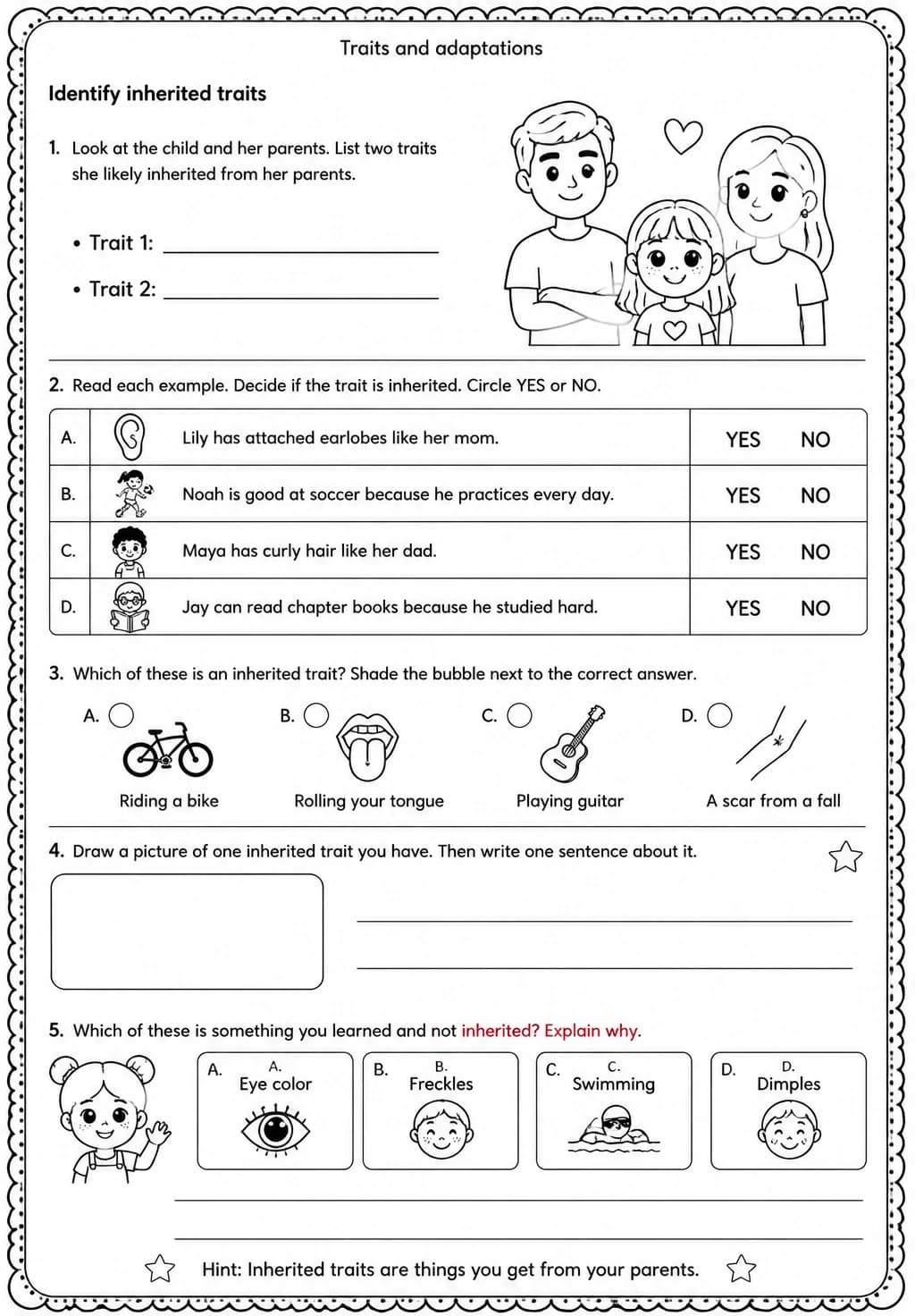 Identify inherited traits — free printable Grade 3 Science worksheet