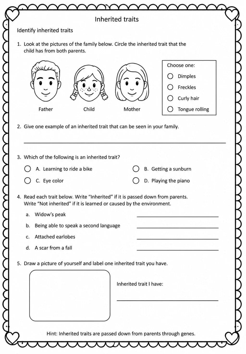 Identify inherited traits — free printable Grade 5 Science worksheet