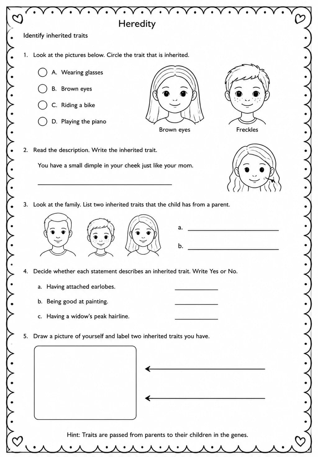 Identify inherited traits — free printable Middle School Science worksheet