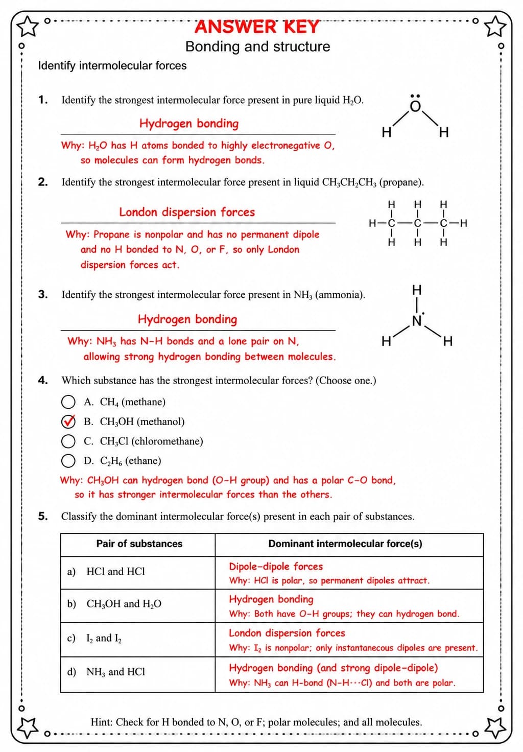 Answer key for Identify intermolecular forces — free printable Science worksheet