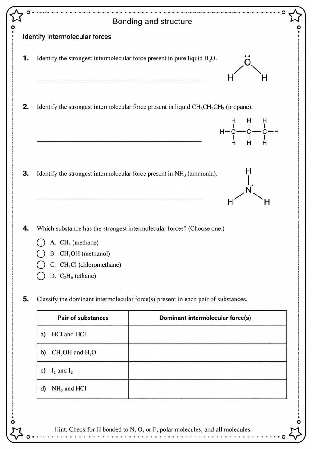 Identify intermolecular forces — free printable High School Science worksheet