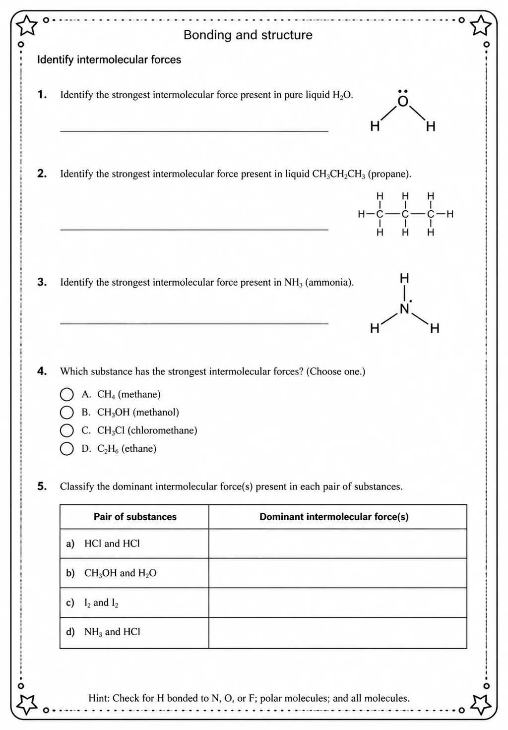 Identify intermolecular forces — free printable High School Science worksheet