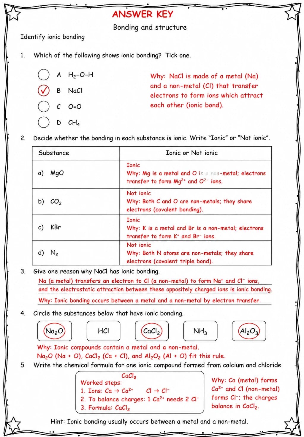 Answer key for Identify ionic bonding — free printable Science worksheet