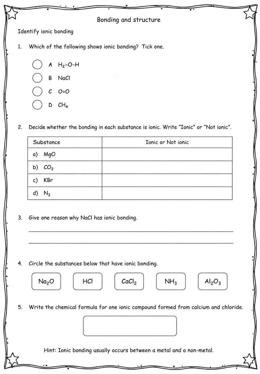 Identify ionic bonding — free printable High School Science worksheet