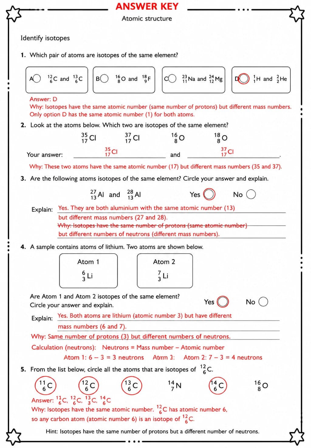 Answer key for Identify isotopes — free printable Science worksheet