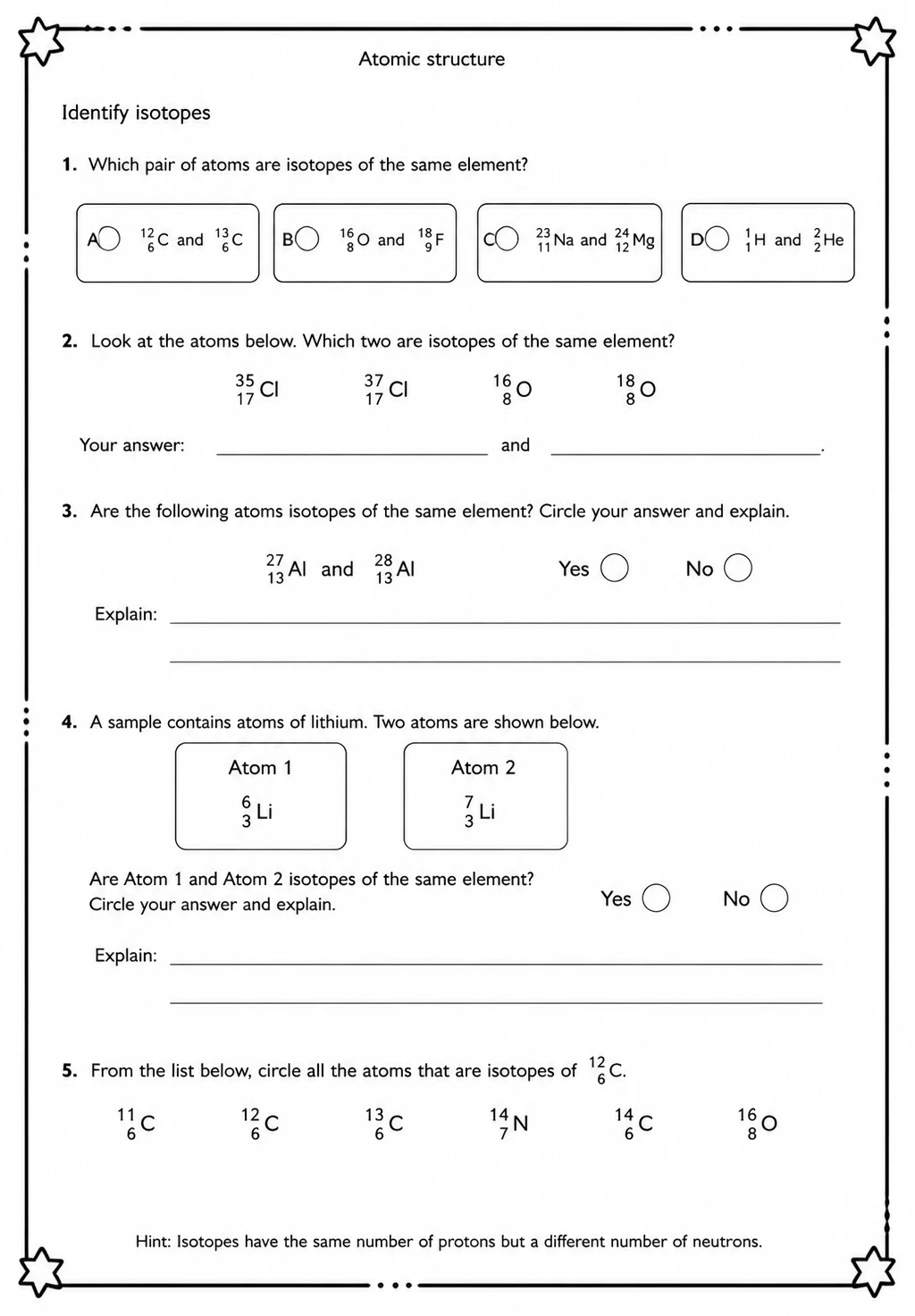 Identify isotopes — free printable High School Science worksheet