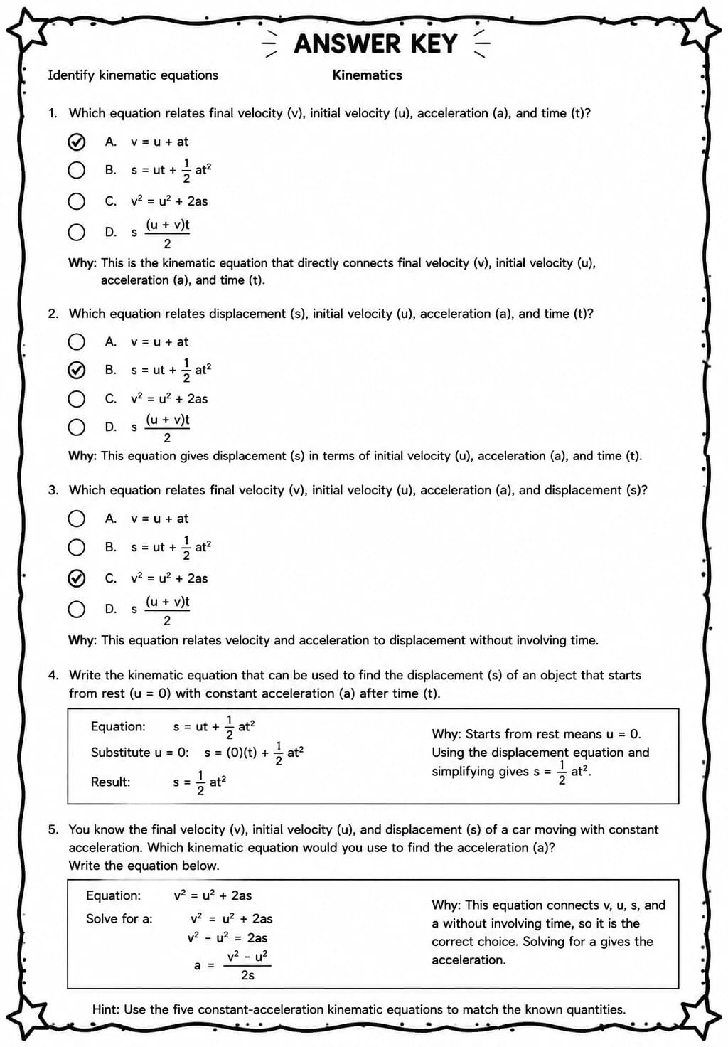 Answer key for Identify kinematic equations — free printable Science worksheet