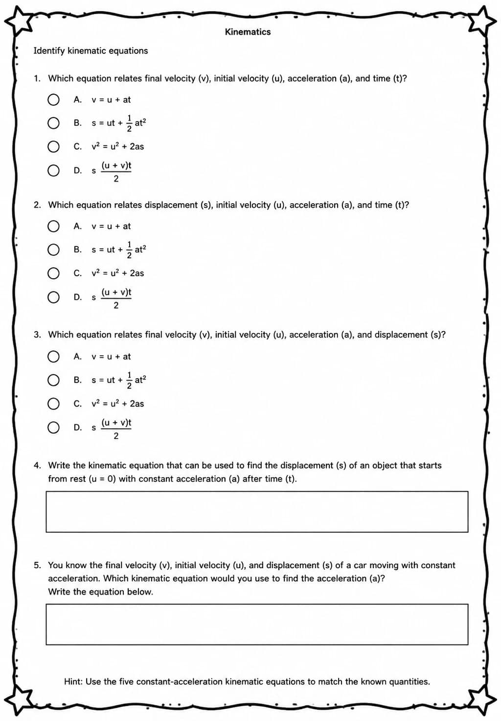 Identify kinematic equations — free printable High School Science worksheet