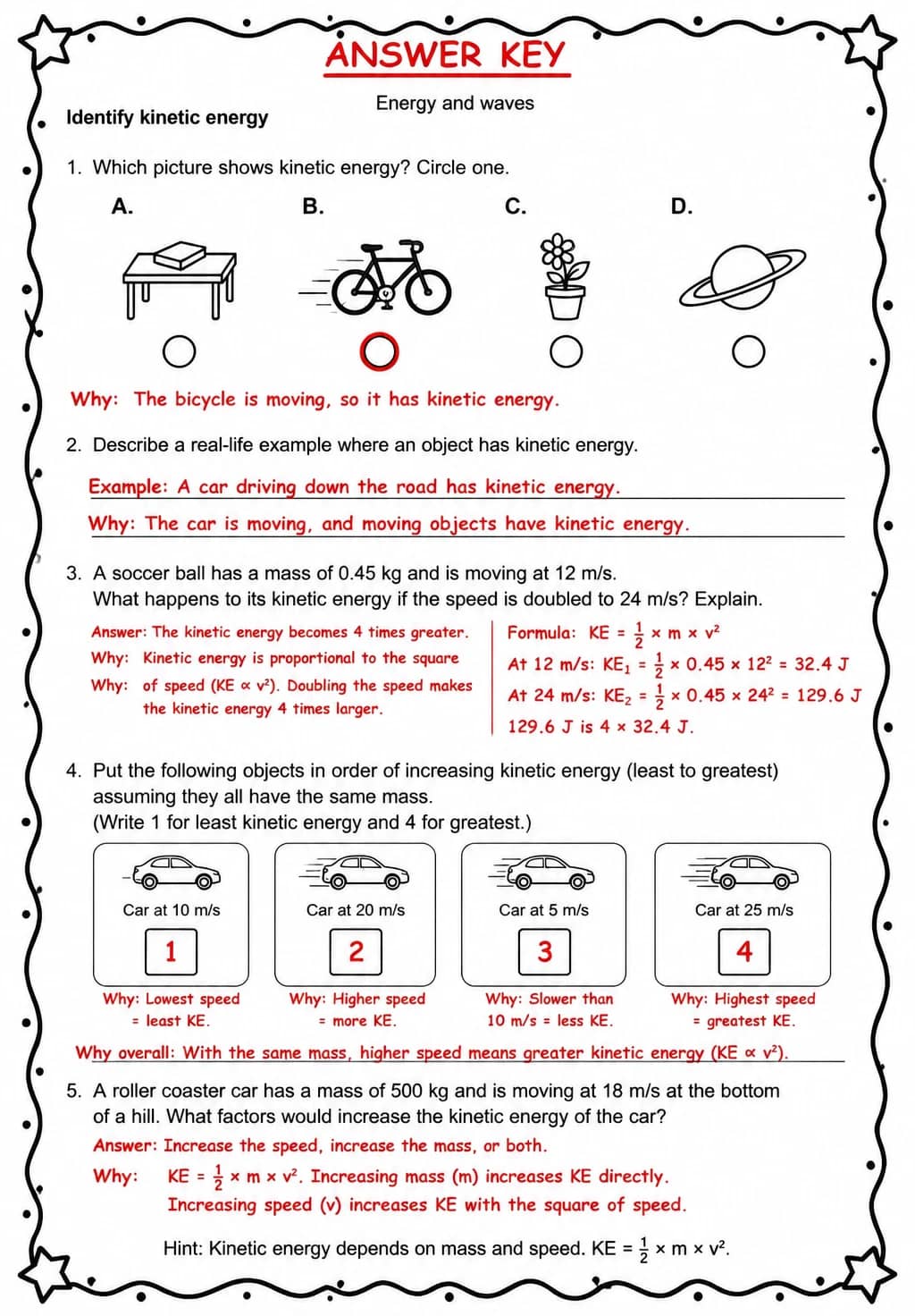 Answer key for Identify kinetic energy — free printable Science worksheet
