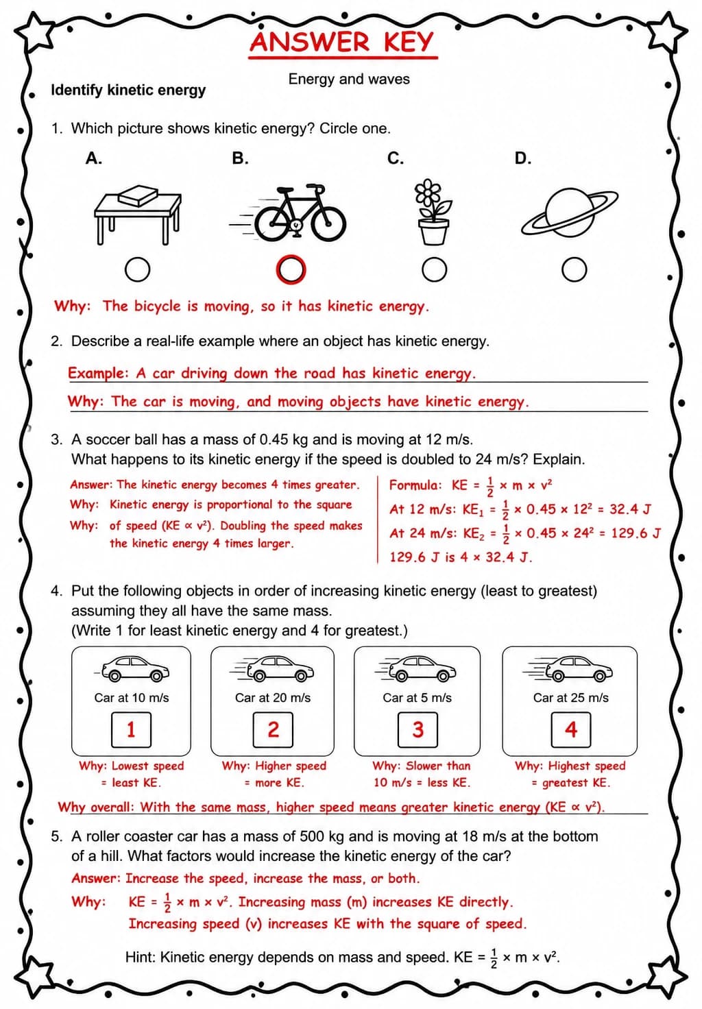 Answer key for Identify kinetic energy — free printable Science worksheet