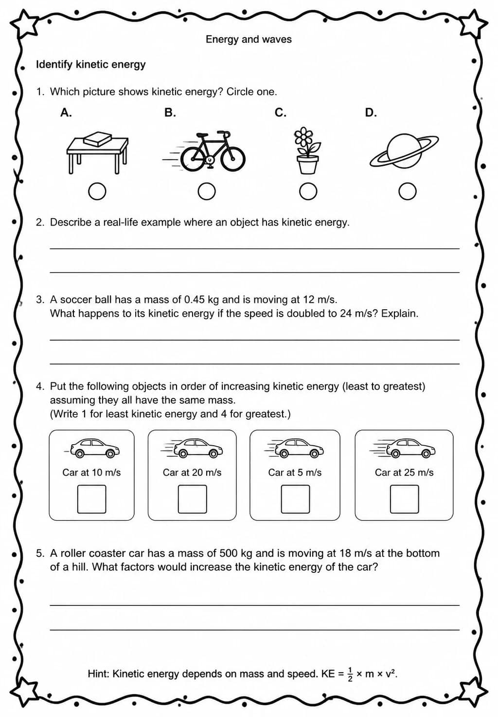 Identify kinetic energy — free printable Middle School Science worksheet