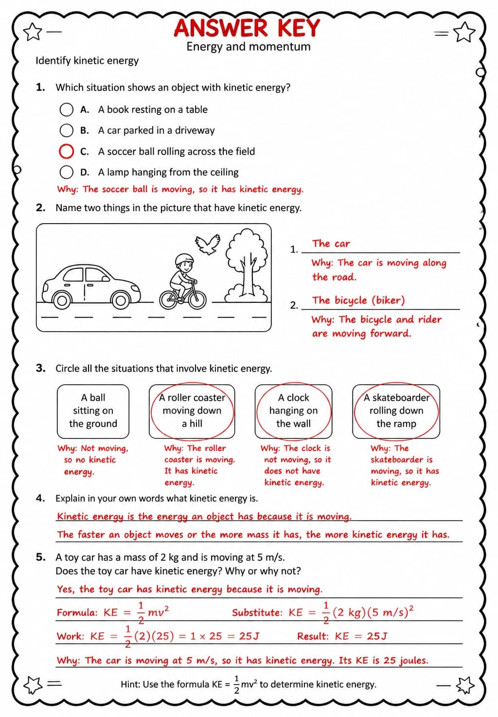 Answer key for Identify kinetic energy — free printable Science worksheet