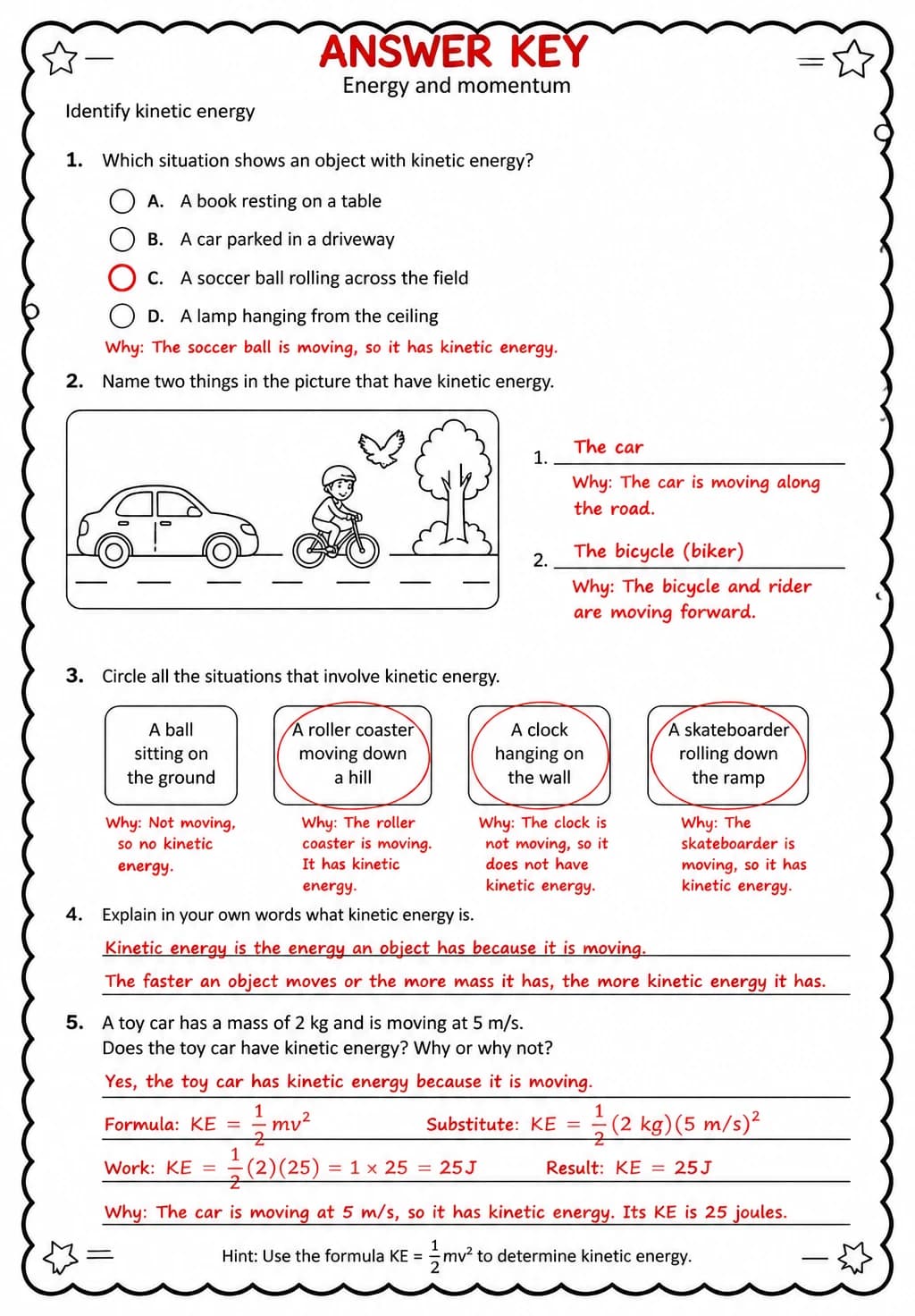Answer key for Identify kinetic energy — free printable Science worksheet