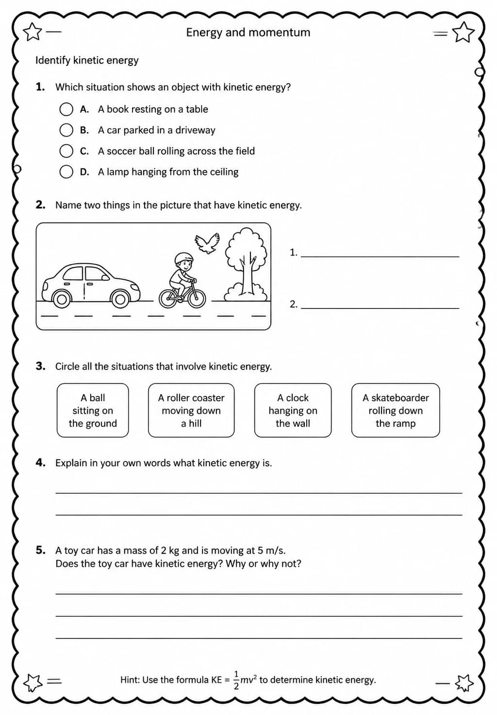 Identify kinetic energy — free printable High School Science worksheet